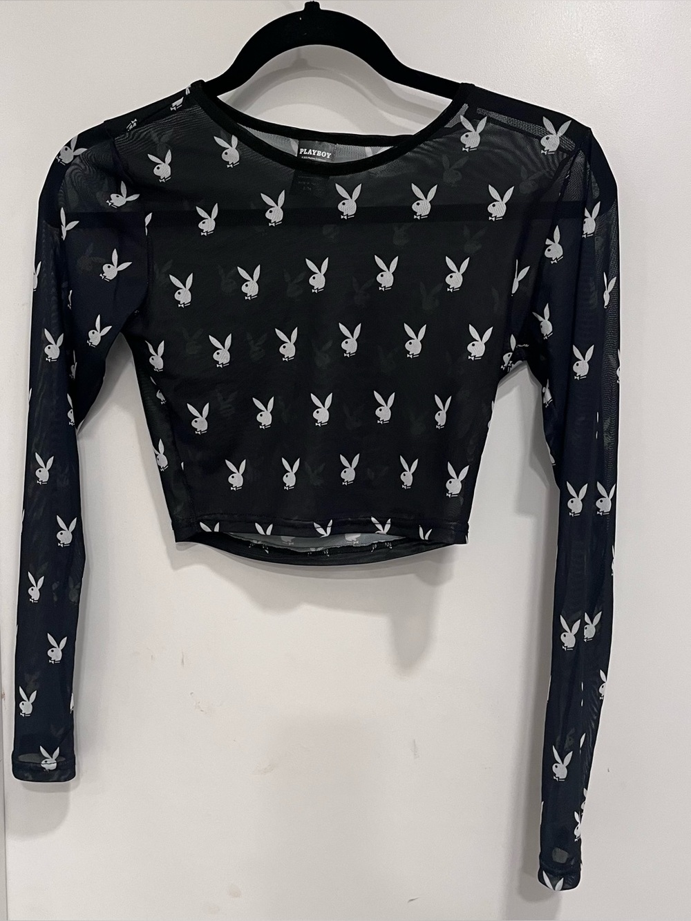 PLAYBOY Black Sheer Mesh Long-Sleeve Cropped Tee Small Bunny Print
